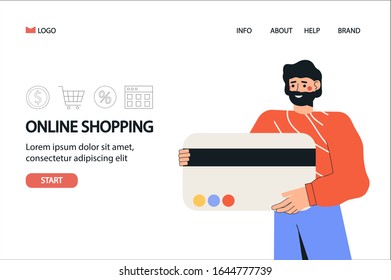 The concept of online shopping and payment, a man holds a plastic card to pay for buy, mobile banking. Flat style vector illustration for banner, landing page, mobile app, web design. 