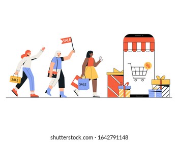 Concept online shopping, people buy from mobile app. Illustration for banner, landing page, mobile app, web design. Online shopping discount offers. Flat style vector.