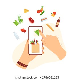 Concept of online shopping products through an app in a smartphone. Fast delivery from supermarket grocery bag with meat, milk, cheese, eggs, vegetables, fruits and green. Cartoon vector illustration