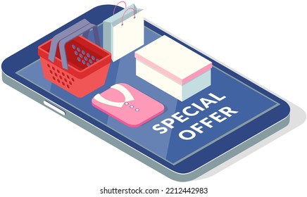 Concept of online shopping special offer. Isometric image of phone, Goods and shopping bag on phone. Buying products in online store, e-commerce, internet shopping. Purchase order and cashless payment