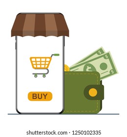 The concept of online shopping, online store, buying online store through a mobile phone. Smart phone with awning. Vector illustration