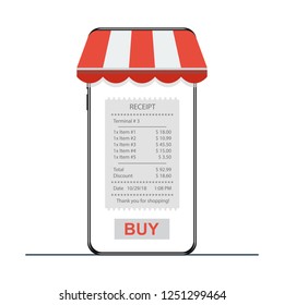 The concept of online shopping, online store, buying online store through a mobile phone. Smart phone with awning. Vector illustration