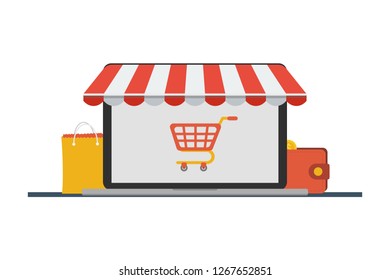 The concept of online shopping, online store, buying online store through a laptop computer. laptop computer with awning. Vector illustration.