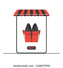 The concept of online shopping, online store, buying online store through a tablet. Tablet with awning. Vector illustration.