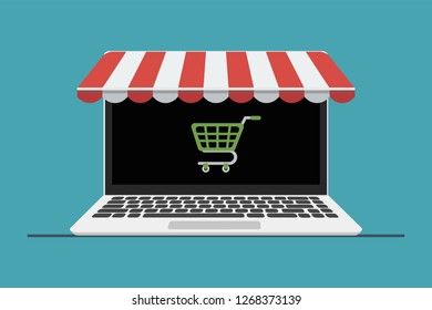 The concept of online shopping, online store, buying online store through a laptop computer. laptop computer with awning. Vector illustration.