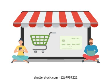 The concept of online shopping, online store, buying online store through a laptop computer. laptop computer with awning. Vector illustration.