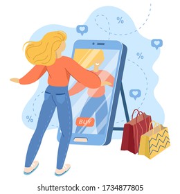 Concept of online shopping, online store and online clothing fitting. Happy girl looks at the phone as in a mirror, trying on clothes. Vector illustration in bright colors.