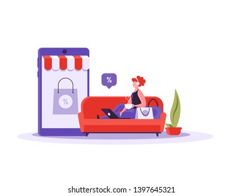 Concept of online shopping, online store, order online, mobile shop. Flat women and man characters with shopping bags and smartphone. Vector illustration in flat cartoon design.