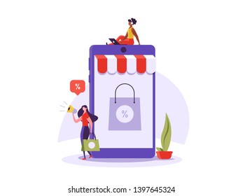 Concept of online shopping, online store, order online, mobile shop. Flat women and man characters with shopping bags and smartphone. Vector illustration in flat cartoon design.