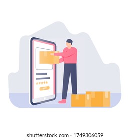 the concept of online shopping, online stores, e-commerce, package delivery. illustration of a man receiving a package from a smartphone. flat design. can be used for elements, landing pages, UI.