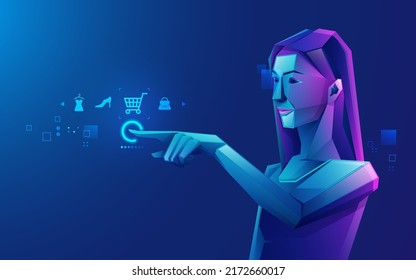 concept of online shopping technology or e-commerce, graphic of futuristic girl using mobile application 