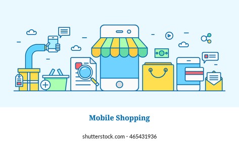 Concept of on-line shopping through mobile phone, Mobile shopping vector illustration isolated on bright background