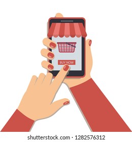 The concept of online shopping using a mobile phone.A nice woman's hand with a manicure holds a smartphone, and the other one presses `Buy now`.Shopping cart on the screen, striped awning.Vector