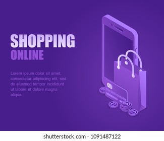 Concept online shopping. Vector illustration isometric shopper package, credit bank and money coin about smartphone. Landing page digital purchases
