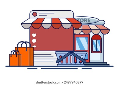 The concept of online shopping vs offline stores compares the convenience and variety of e-commerce with the in-person physical retail experience. Traditional shop mall building and e-commerce mobile 