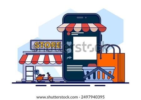 The concept of online shopping vs offline stores compares the convenience and variety of e-commerce with the in-person physical retail experience. Traditional shop mall building and e-commerce mobile 