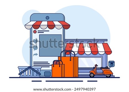 The concept of online shopping vs offline stores compares the convenience and variety of e-commerce with the in-person physical retail experience. Traditional shop mall building and e-commerce mobile 