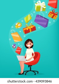 conceito de compras online. Mulher compra presentes pela internet. Ilustração vetorial de um projeto plano