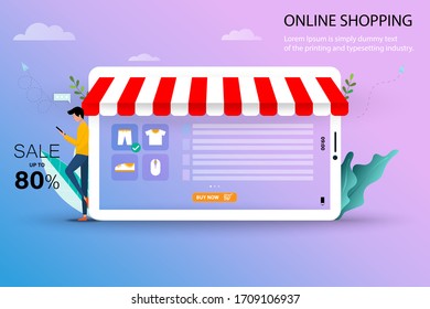 Concept of online shopping, young man standing near a big screen of tablet that contain list of products, description, customer rating and reviews to find a new pant in pastel color background.