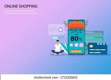 Concept of online shopping, young man sitting near smartphone that the screen contain discount rate, list of products, customer rating and reviews to read the details of shirt from phone application.