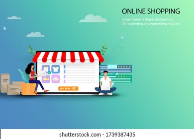 Concept Of Online Shopping, Young Man And Woman Are Sitting In Front Of Laptop That Display Contain Discount Rate, List Of Products, Customer Rating And Reviews To Order The Goods From Online Store.