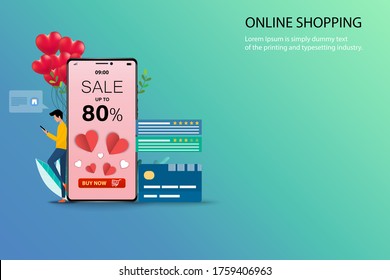 Concept of online shopping, young man holding smartphone to find a gift for his girlfriend. The display contain discount rate, a shape of white and red heart, customer rating and reviews.