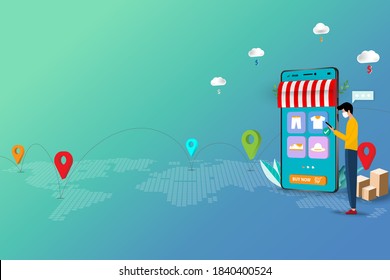 Concept of online shopping, young man standing and hold a smart phone that the display contain app icon of products list to order a new shirt in blue green shade color background . Vector 3D design.