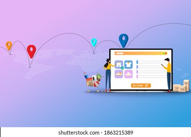 Concept of online shopping, young man and woman are standing in front of a big screen of laptop and discuss to find the best deal from shopping website to order a new pant in pastel color background.