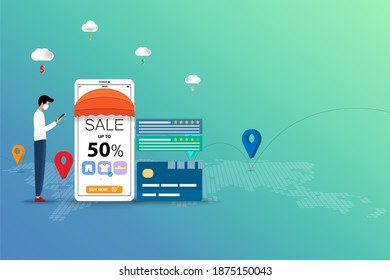 Concept of online shopping, young man hold a smartphone that the screen contain discount rate, list of products, customer rating and review to order T-shirt from phone application.