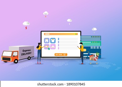 Concept of online shopping, young man and woman are standing in front of a big screen of laptop and discuss to find the best deal from website to order a new shoe in pink and blue color background.