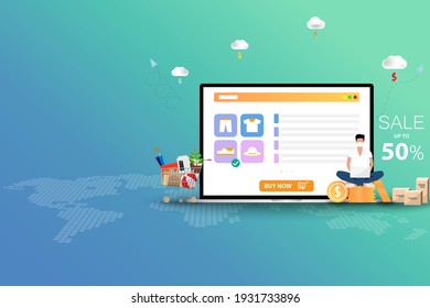 Concept of online shopping, young man wear a face mask and sit on top of coin stack near a big screen of laptop that contain list of products, description and discount rate to order a new shoe.
