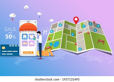 Concept of online shopping, young man wear a medical face mask and hold a smart phone to order a new shirt in a background of big map and marker in perspective view.