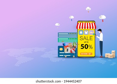 Concept of online shopping, young man wear a medical white face mask and hold a smart phone to order a new shoe in blue and pink color background.
