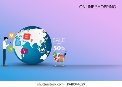 Concept of online shopping, young man wear a face mask and hold a smartphone to order the goods in a background of globe and route of shipments.