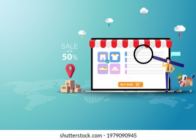 Concept of online shopping, young man wear a medical face mask and hold a big magnifier to focus on the screen of laptop that contain list of products and description to order a new pant.