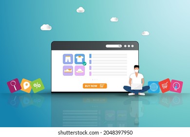 Concept Of Online Shopping, Young Man Wear A Face Mask And Sit Near Shopping Online Icon And A Big Screen Of Web Browser That Contain List Of Products To Order A New Shirt In Green Color Background.