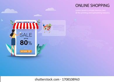 Concept of online shopping, young woman standing in front of a big screen of smartphone that contain discount rate and buy now button to find the goods in the period of stay home to safe from virus.