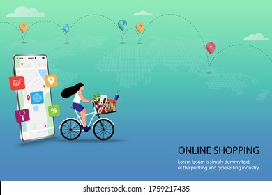 Concept of online shopping, young woman riding a bicycle to pick up the goods at store that already ordered from phone's application and select option pick up at store.