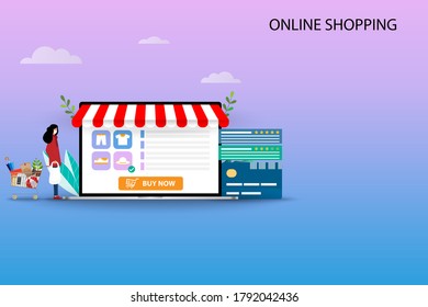 Concept of online shopping, young woman is standing near a big laptop that display contain list of products, customer rating and reviews to order a new hat in pastel color background.