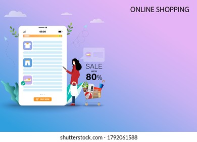 Concept of online shopping, young woman wear a white mask and holding smartphone that the display contain list of products, discount rate and description to order a new shoe in pastel color background