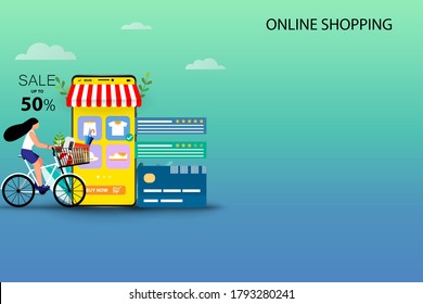 Concept of online shopping, young woman riding a bicycle to pick up the goods at store that already ordered from the application and selected option to pick up at store in blue green shade background.