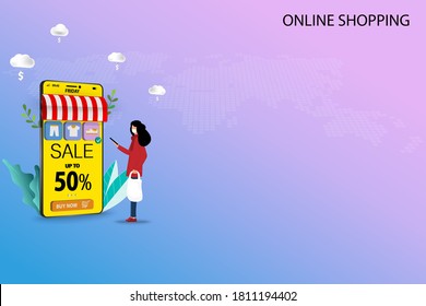 Concept of online shopping, young woman wear a medical white mask and touch the screen of smart phone that contain app icon of products and discount rate to order a new shoe. Vector 3D design.