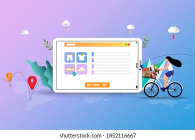Concept of online shopping, young woman rides a bicycle to go to store to pick up new shoes that she ordered using a mobile application.