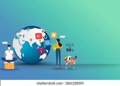 Concept of online shopping, young woman is standing near supermarket basket and touching on icon of browser to search for a goods together with a man who sit on top of coin stack.
