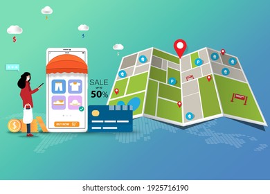 Concept of online shopping, young woman wear a medical white face mask and hold a smart phone to order a new hat in a background of big map and marker in perspective view.