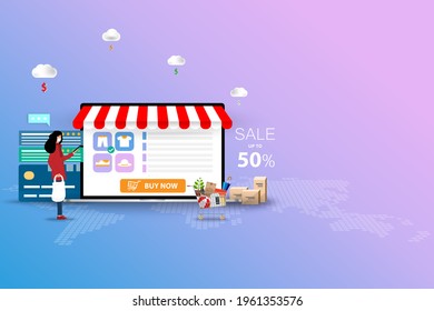 Concept of online shopping, young woman wear a medical white face mask and hold a smartphone to order a new pant that shown on a big screen of laptop in blue and pink color background.