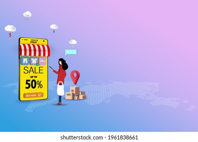 Concept of online shopping, young woman wear a face mask and hold a smartphone to order a new shirt that shown on the display in pink and blue color background.