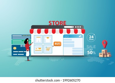 Concept of online shopping, young woman wear a medical face mask and hold a smartphone to chat with customer service to order the goods in green shade color background.