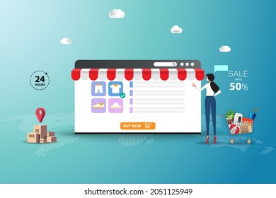 Concept Of Online Shopping, Young Woman Wear A White Face Mask And Touch The Screen Of Web Browser To Order A New Shirt In Green Shade Color Background.