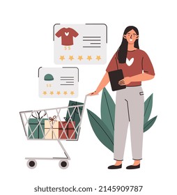 Concept of online shopping. Young woman stands next to cart and buys goods and groceries in online store or supermarket. Application for remote purchases and delivery. Cartoon flat vector illustration